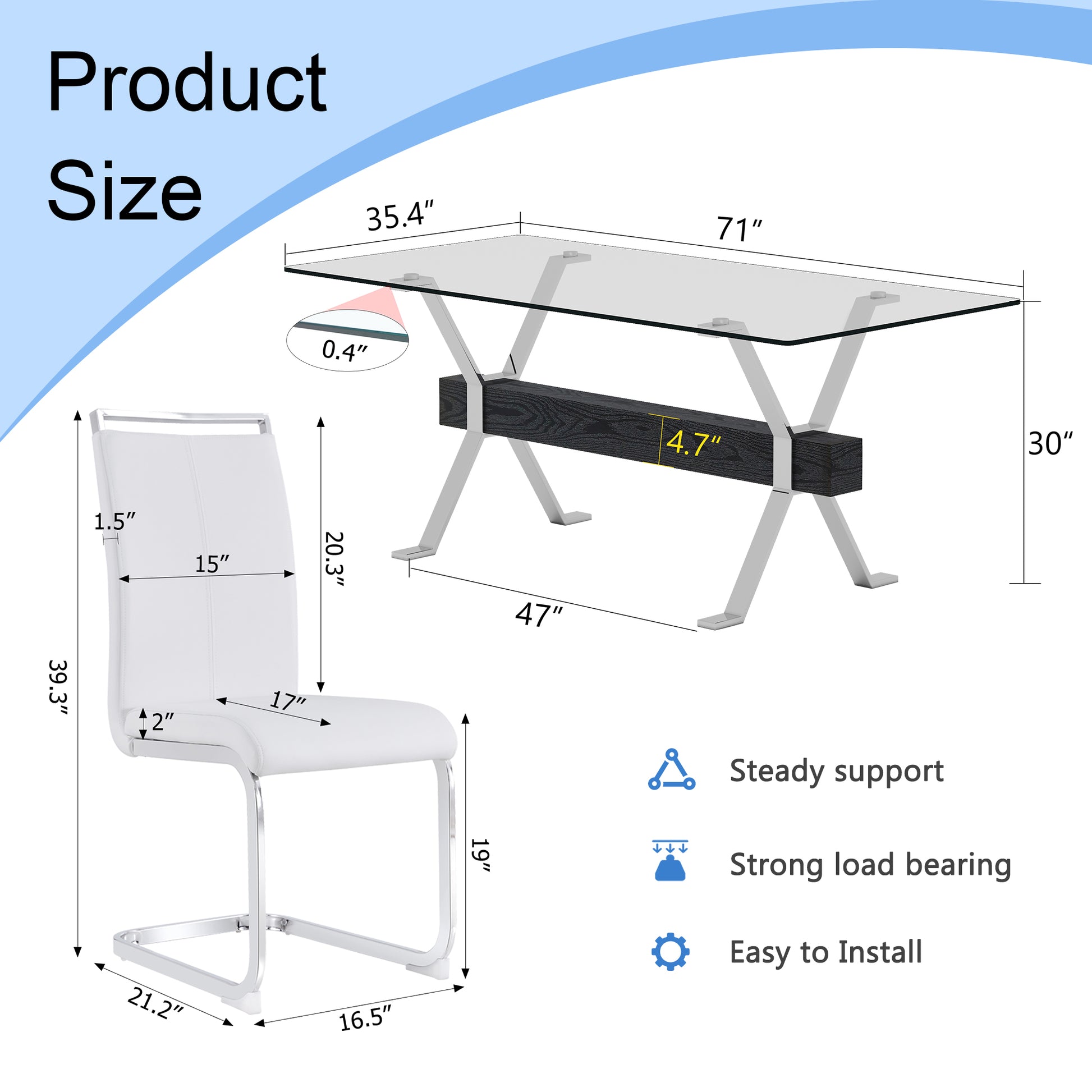 Glass top dining table with chrome legs and dark wood accent