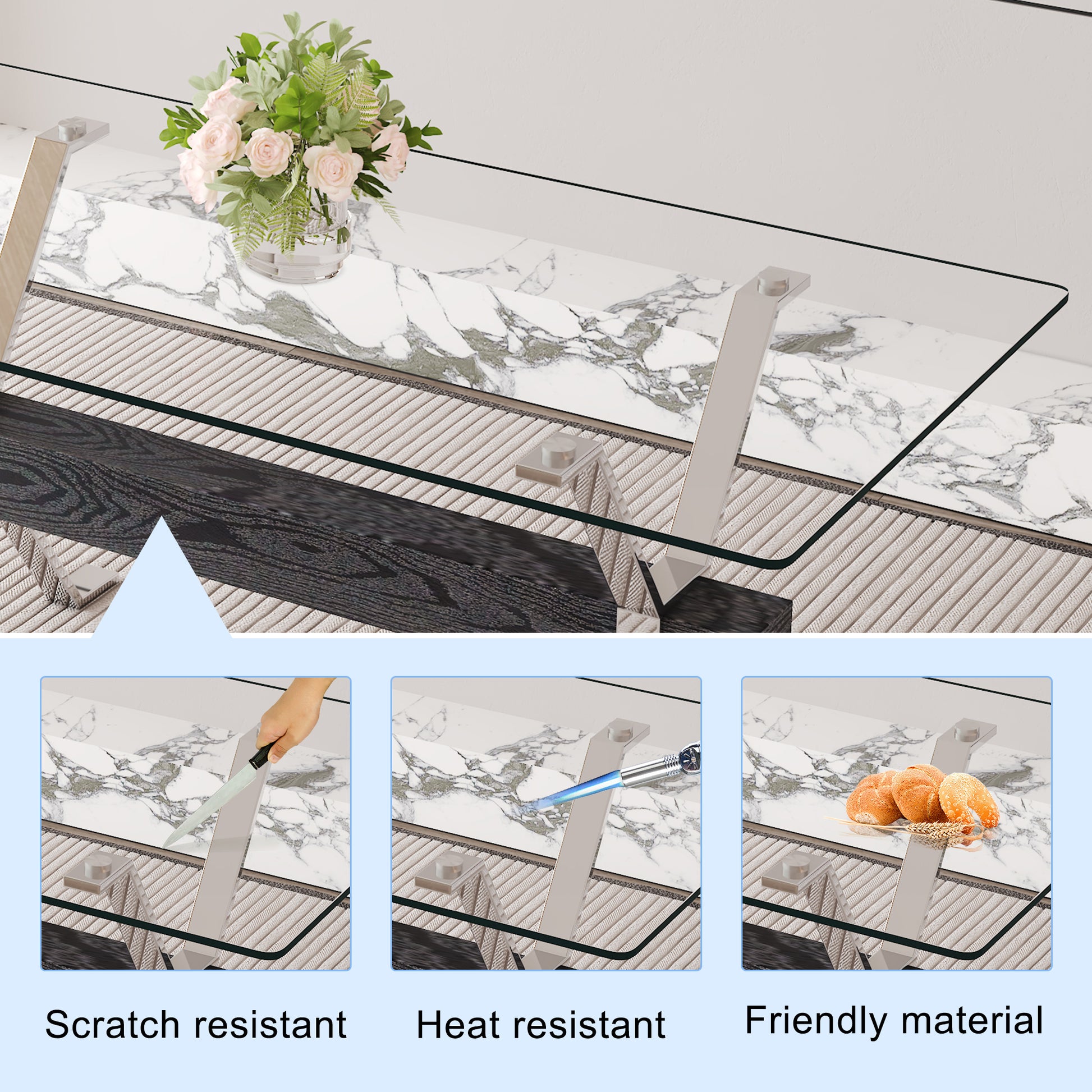 Modern glass coffee table with marble top and chrome legs