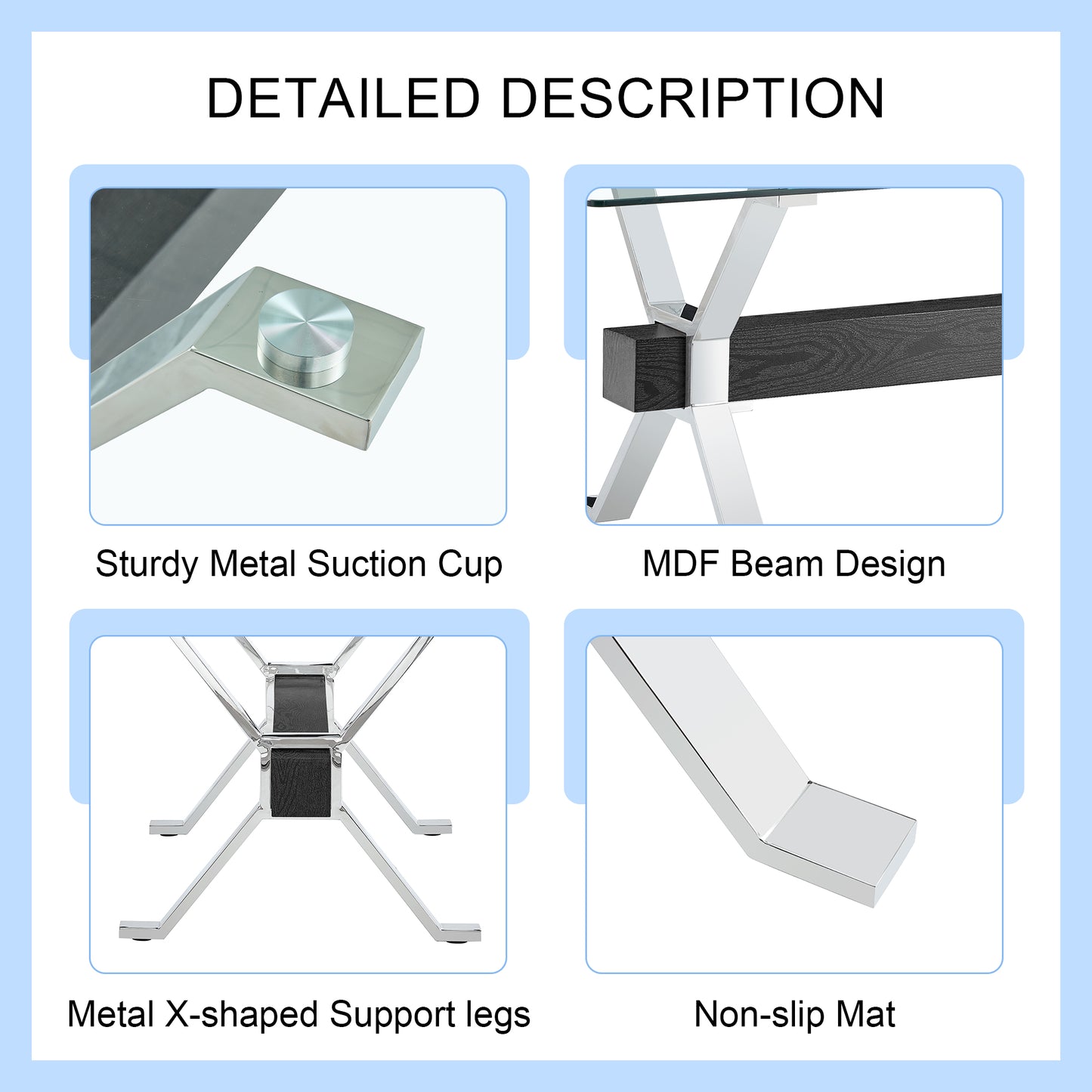 Closeup of a sturdy metal suction cup securing a table leg