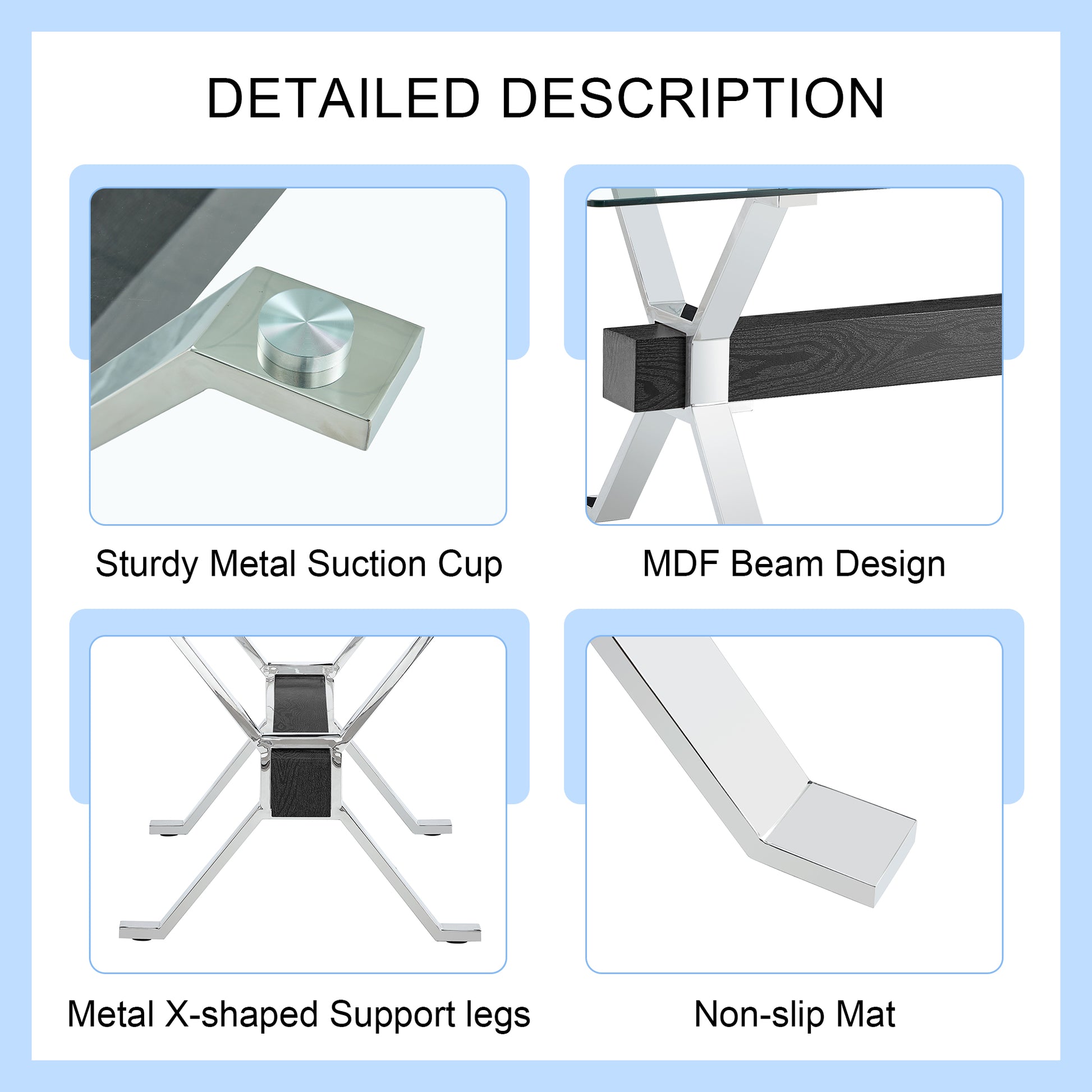 Closeup of a sturdy metal suction cup securing a table leg