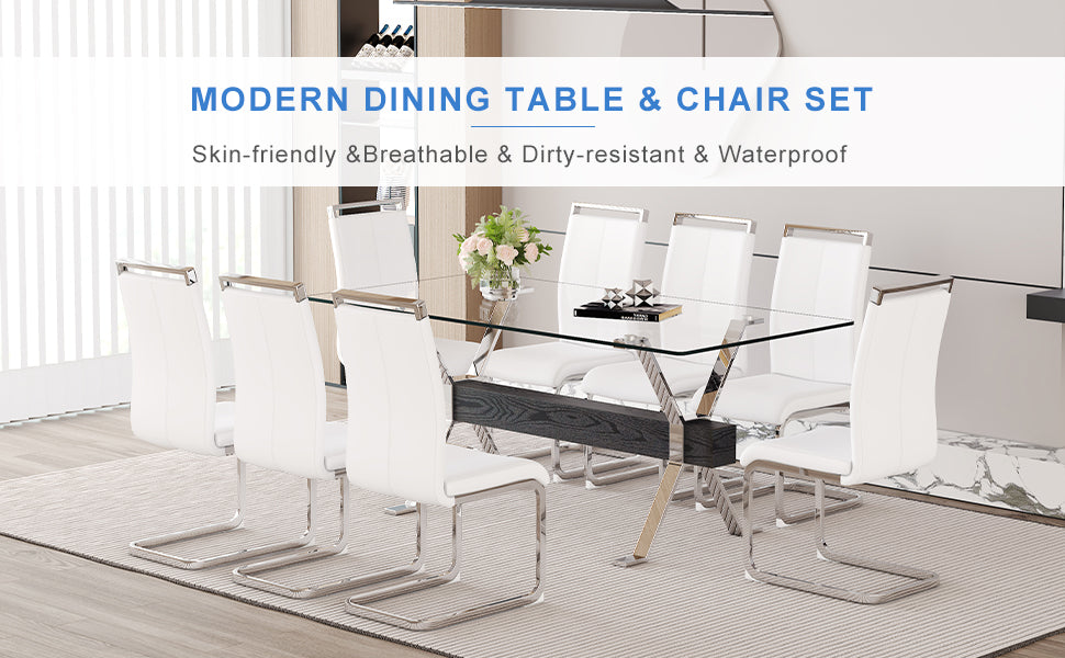 White leather dining chair with chrome sled legs