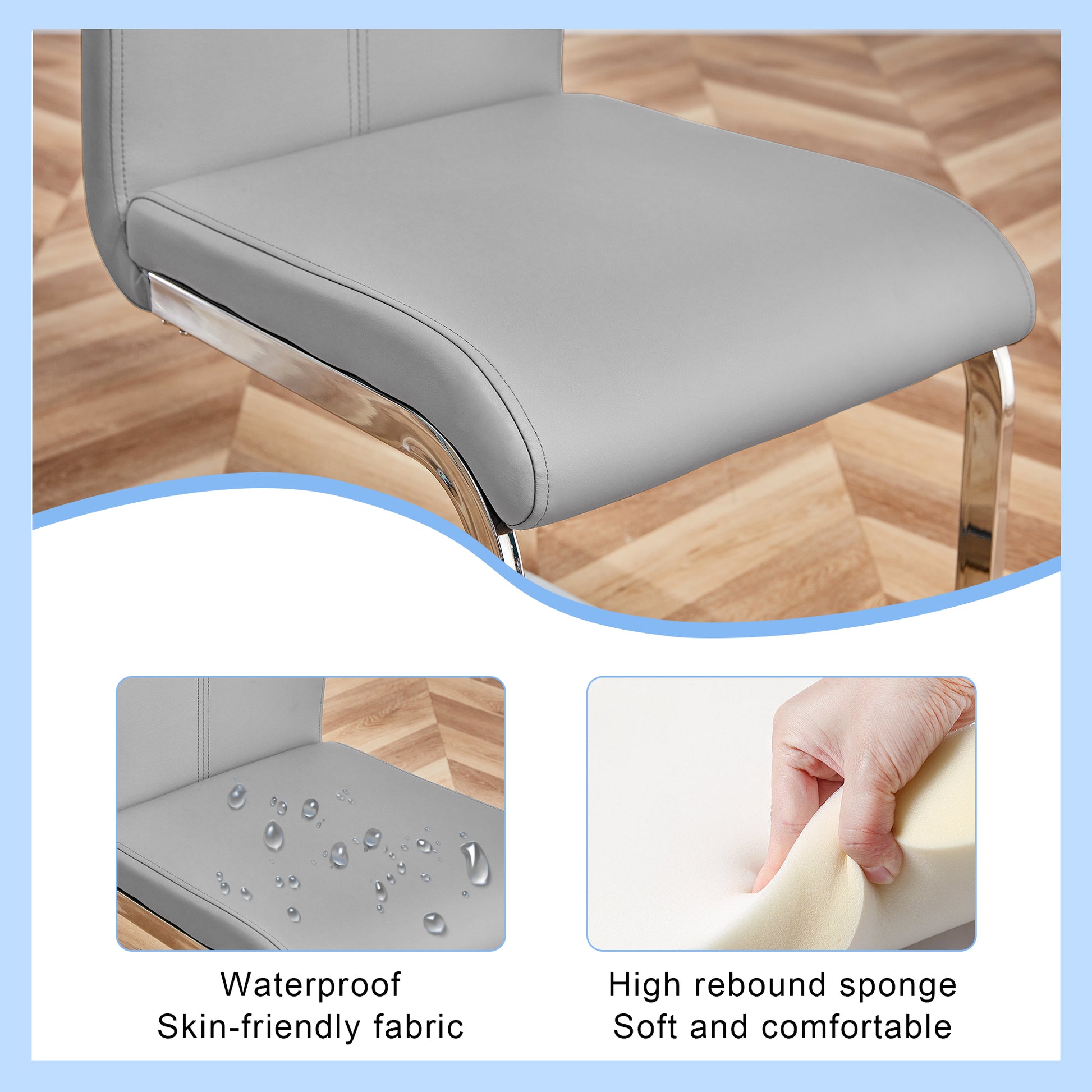 Gray upholstered dining chair seat detail