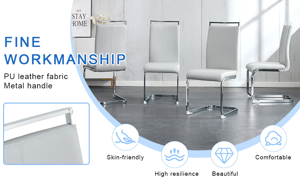 Modern dining chairs in light gray PU leather with chrome cantilever bases