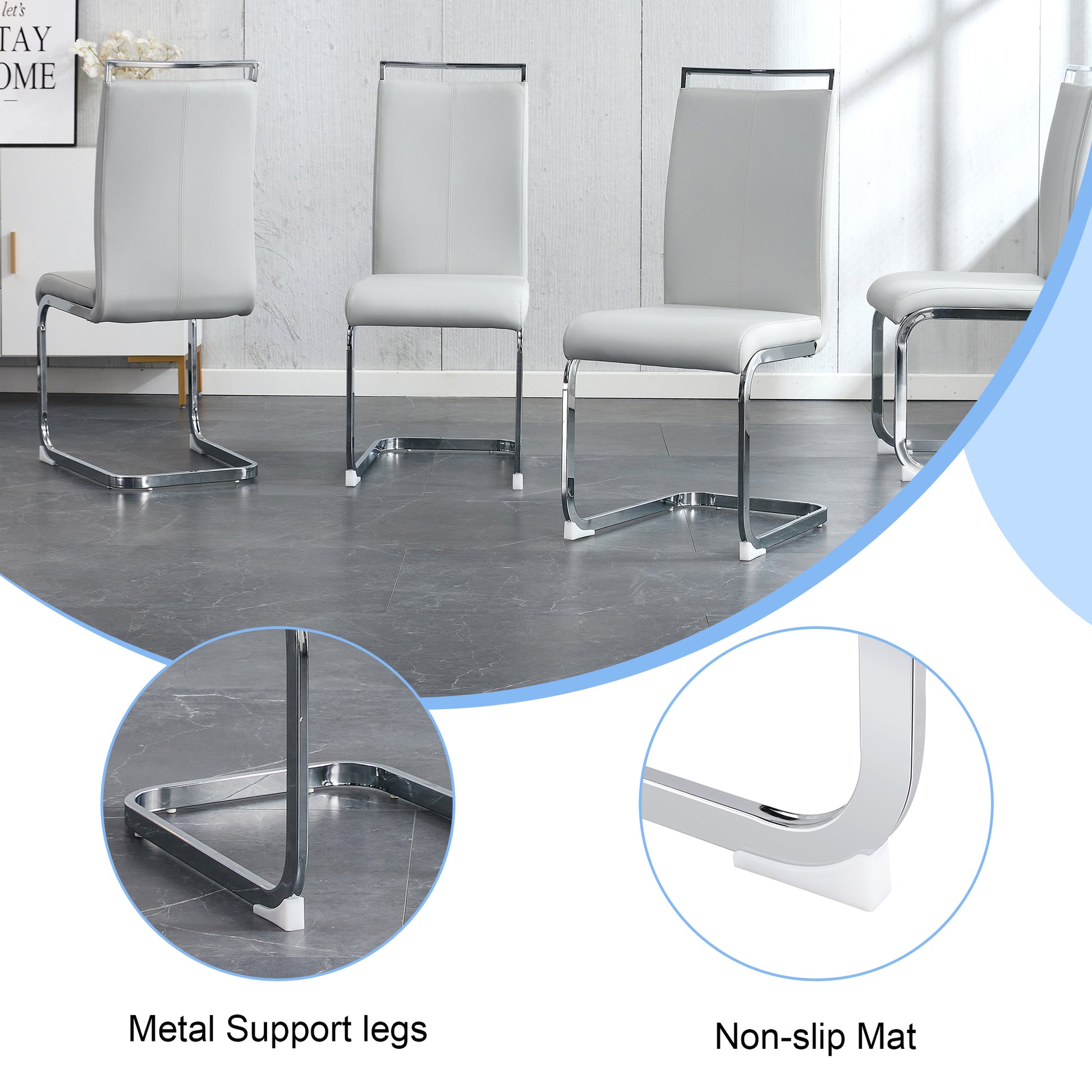 Set of four modern light grey faux leather dining chairs with chrome sled legs