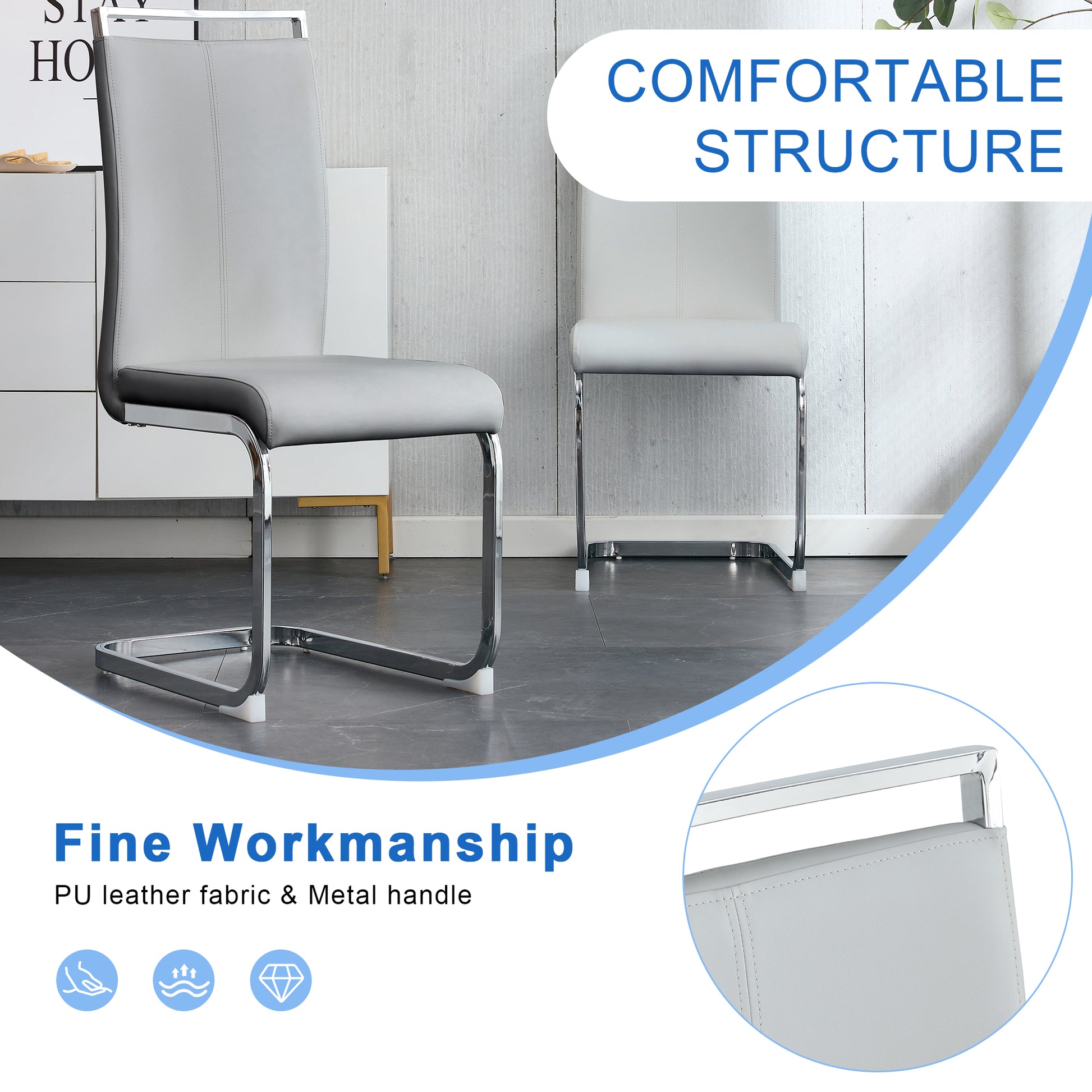 Gray PU leather dining chair with chrome cantilever base