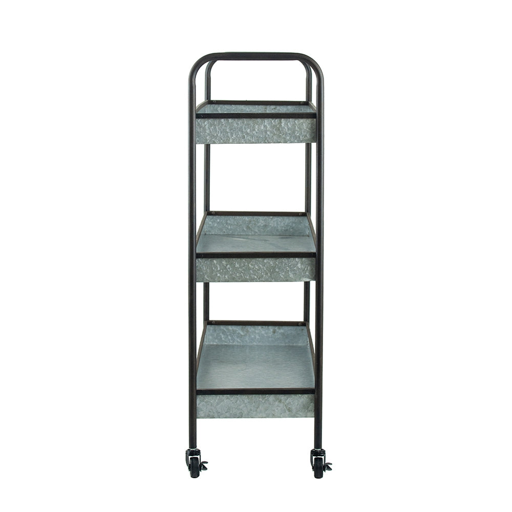 Galvanized metal threetier storage cart with black frame and wheels