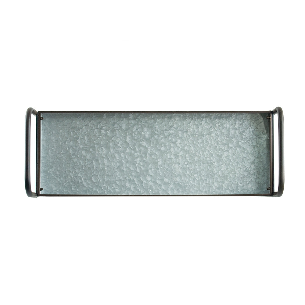 Galvanized metal rectangular planter with black frame and handles
