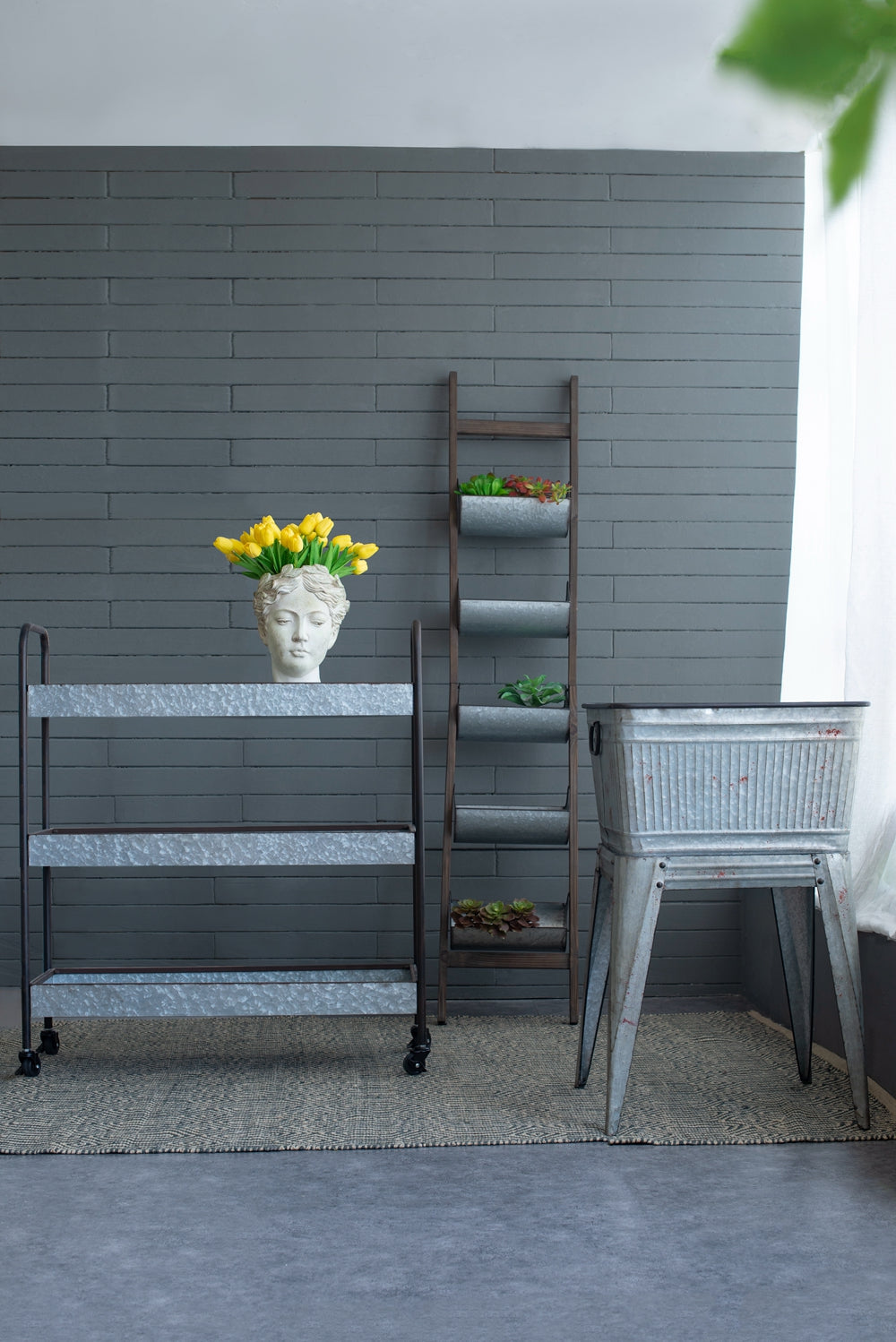 Galvanized metal rolling plant cart with two tiers