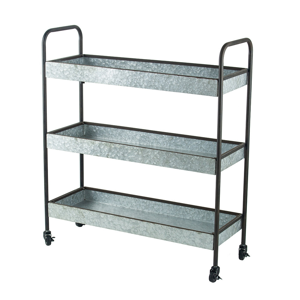 Galvanized metal threetier rolling cart with black frame and wheels