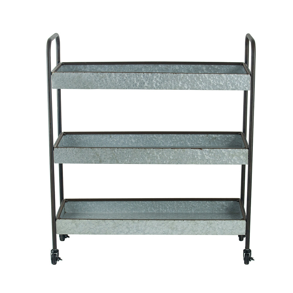 Galvanized metal tiered rolling cart with three deep trays