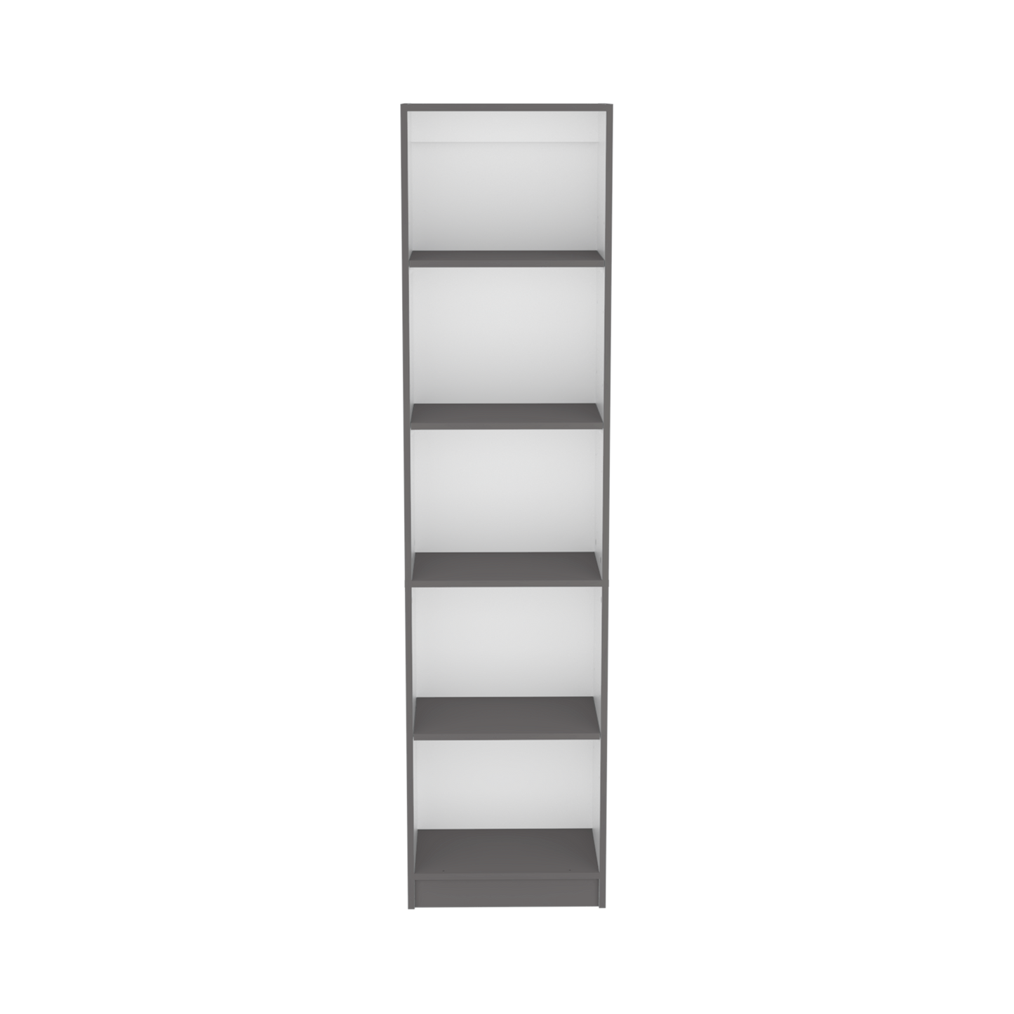 Tall grey and white bookcase with five shelves for book storage