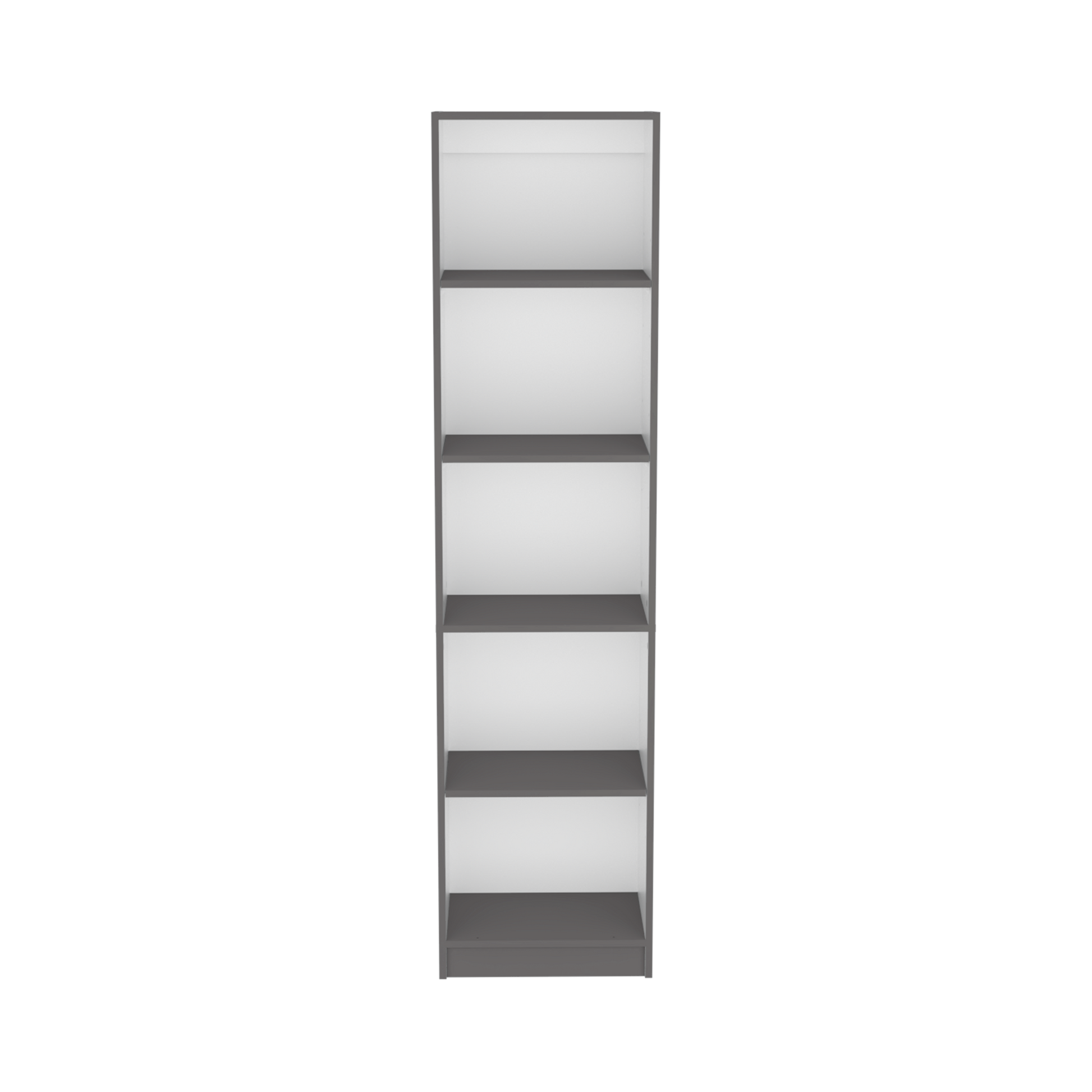Tall grey and white bookcase with five shelves for book storage