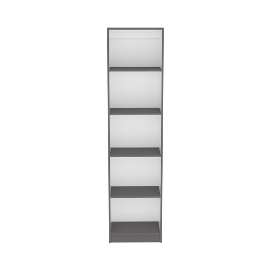 Tall grey and white bookcase with five shelves for book storage