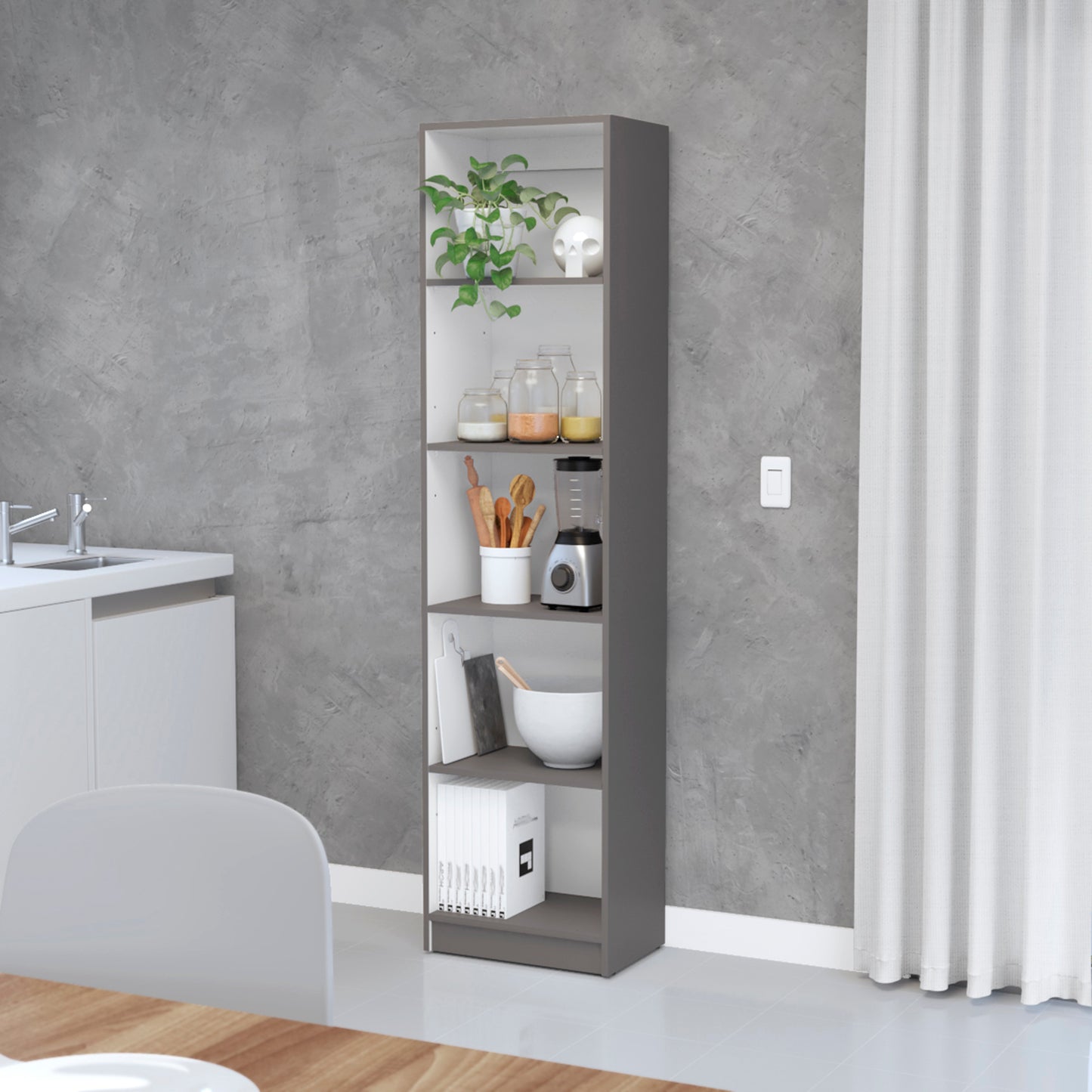 Gray modern bookshelf with five shelves displaying kitchenware and decor