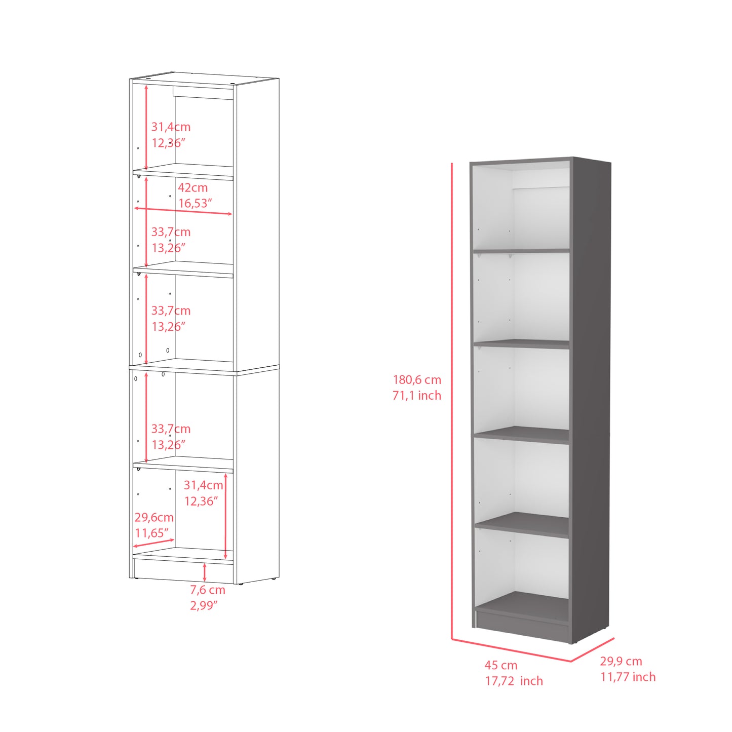 Tall gray and white bookcase with five shelves for home organization