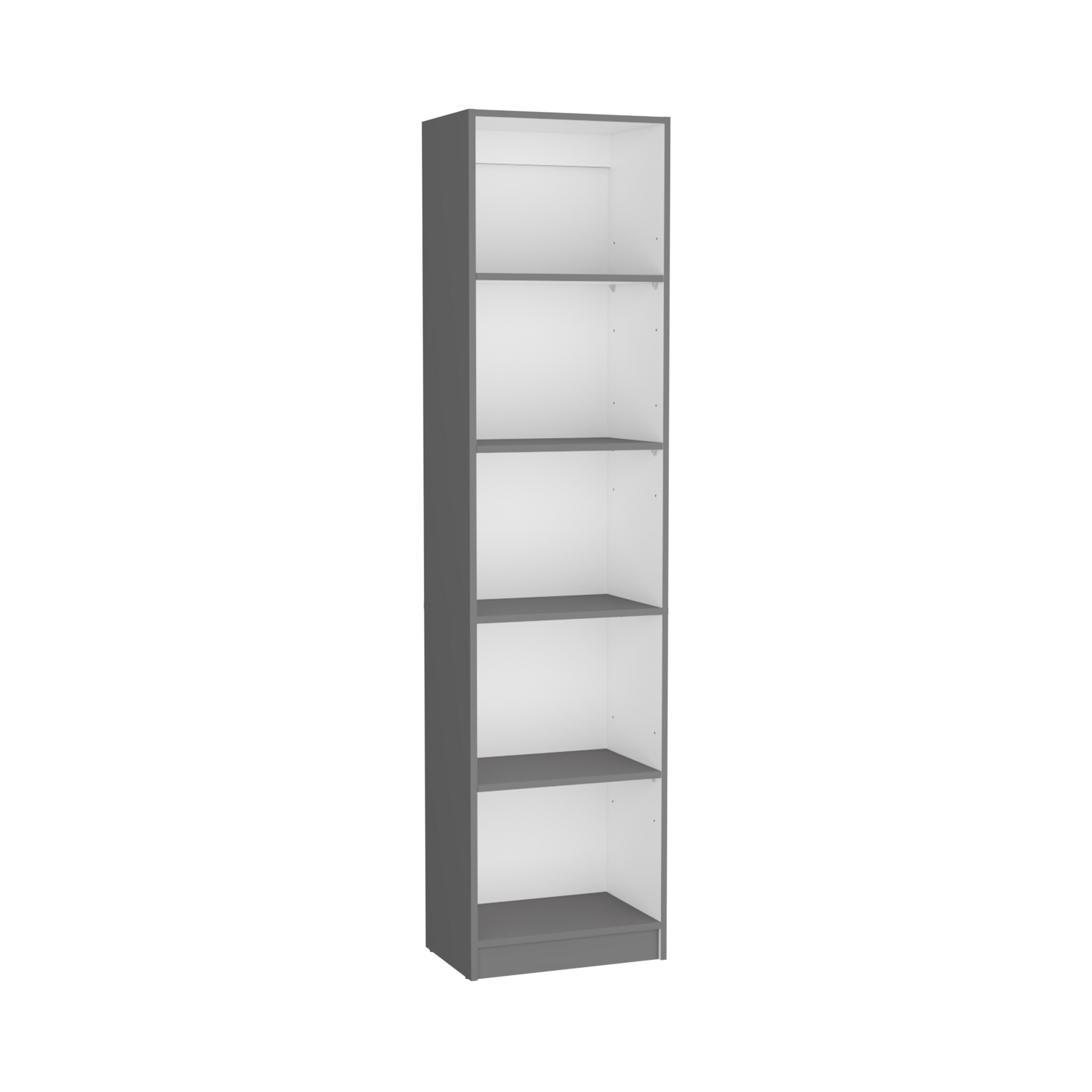 Gray tall narrow bookcase with five open shelves