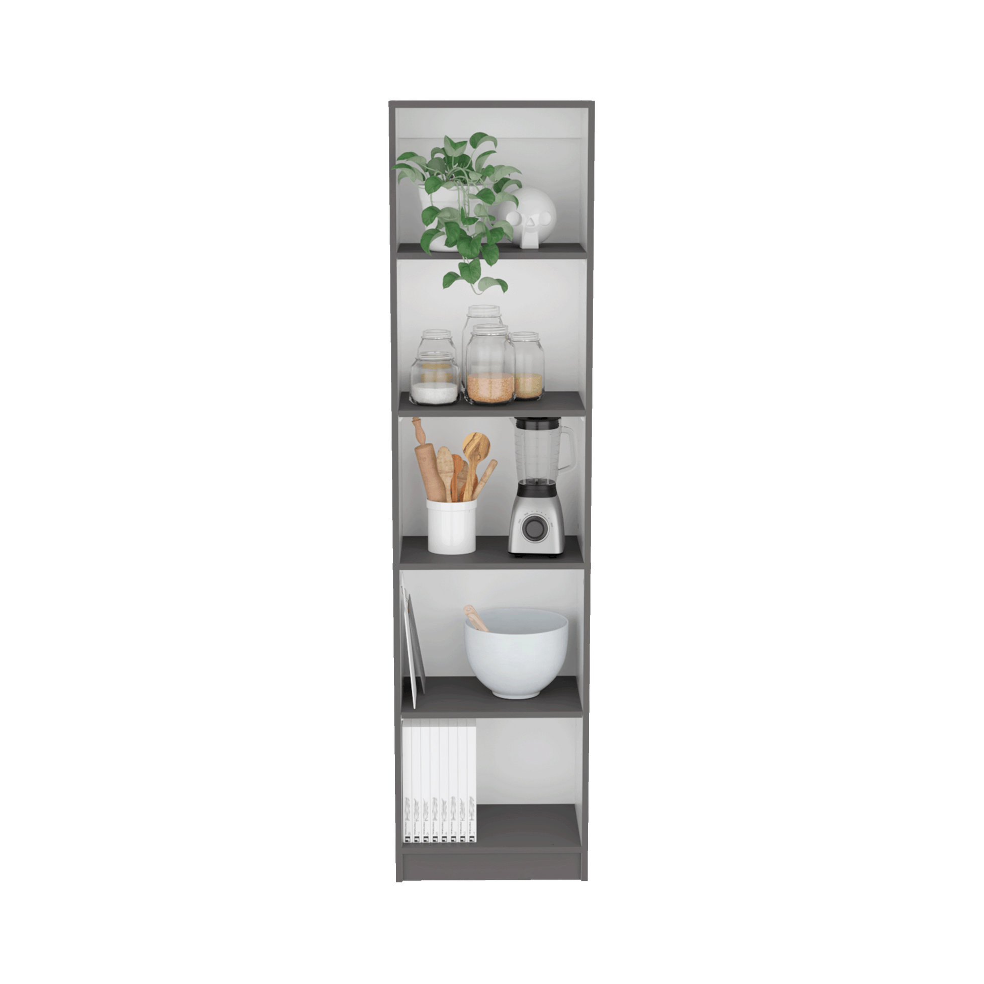 Tall grey shelving unit with decorative items and kitchenware
