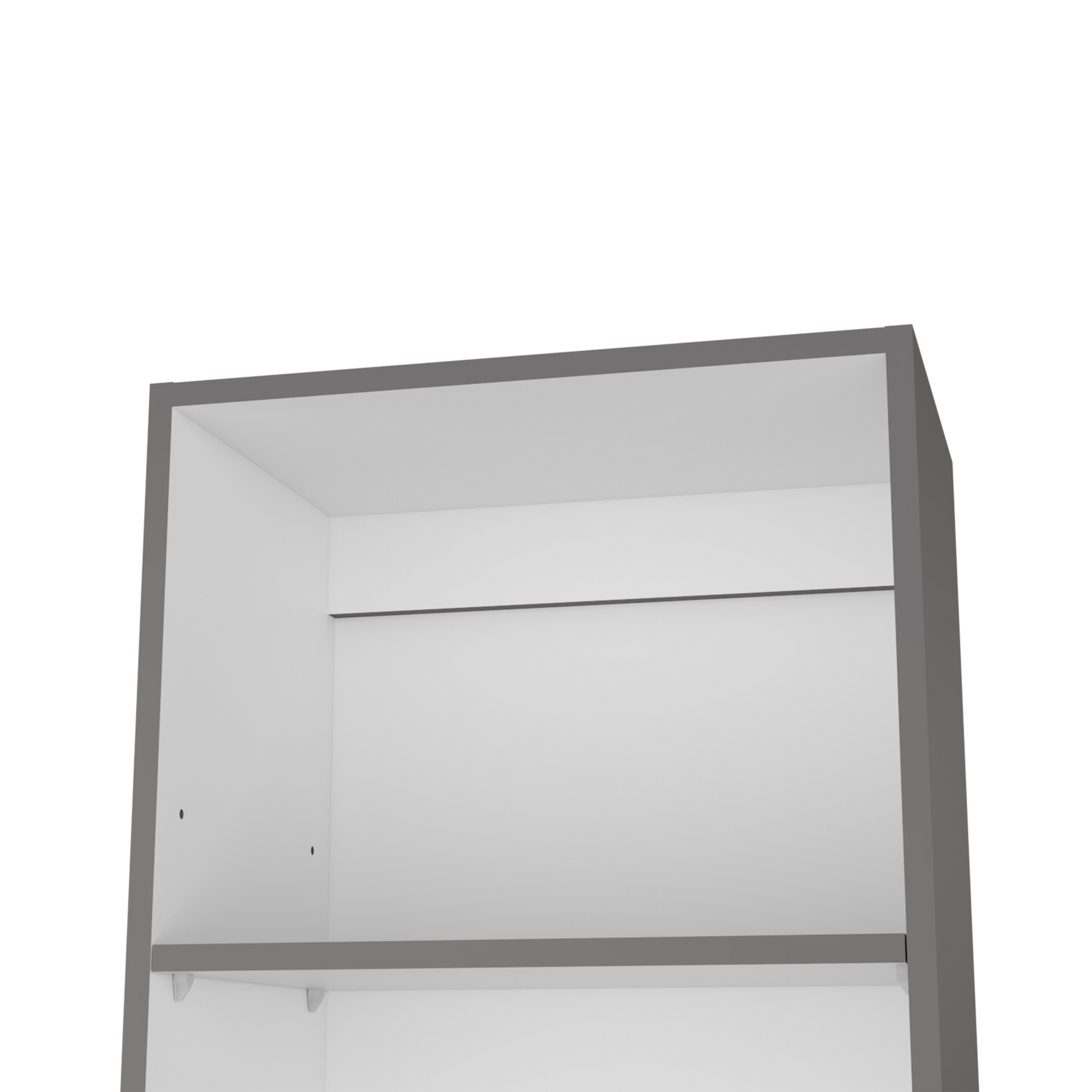 Closeup of a modern gray and white modular shelving unit