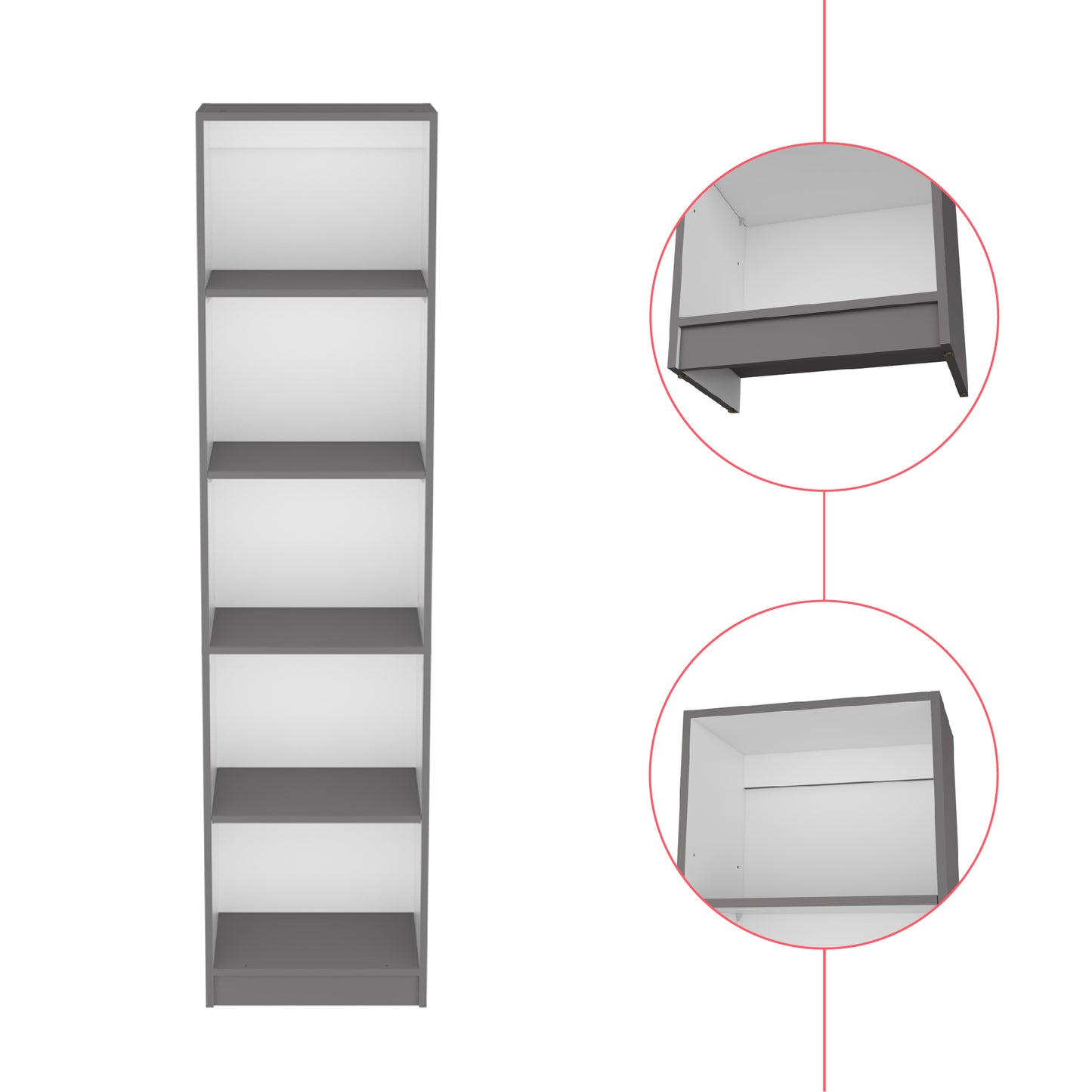 Tall gray and white bookshelf with five open shelves