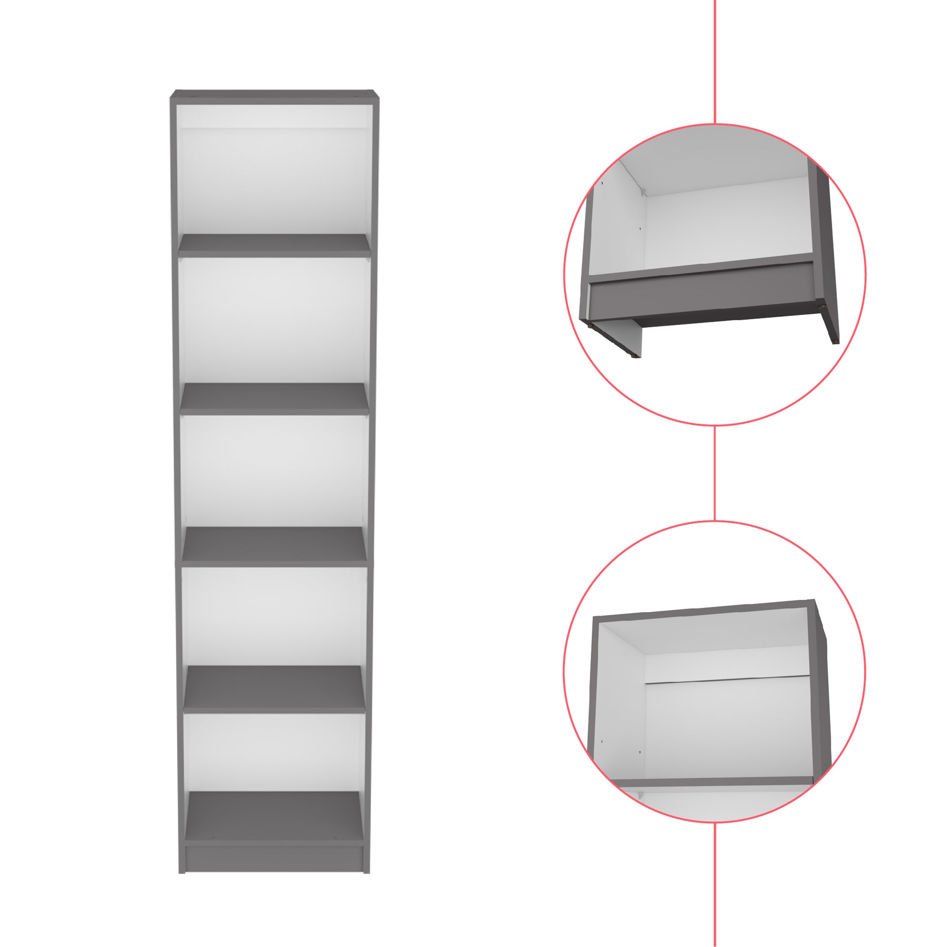 Tall gray and white bookshelf with five open shelves