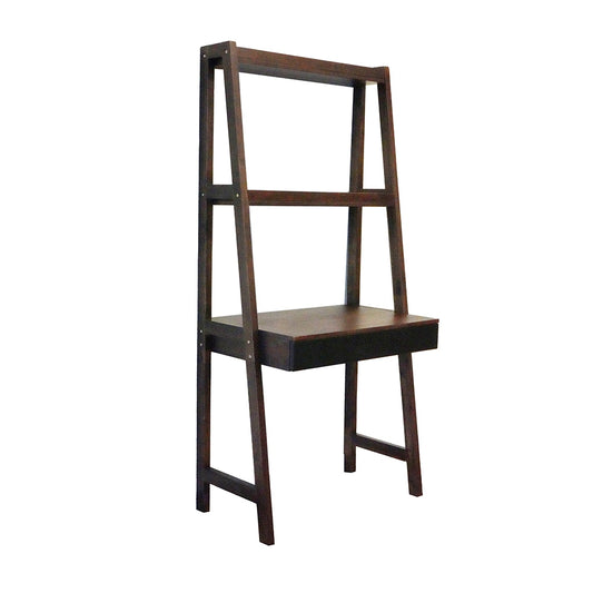 Dark wood ladder desk with shelf and drawer