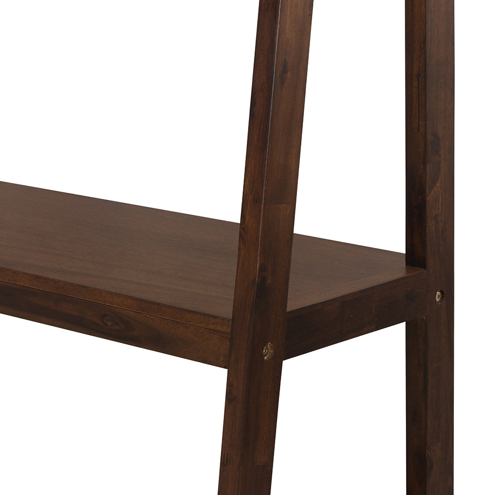 Rich dark wood ladder shelf detail with clean lines for modern home decor