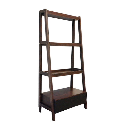 Dark wood leaning bookshelf with three shelves and a bottom storage drawer