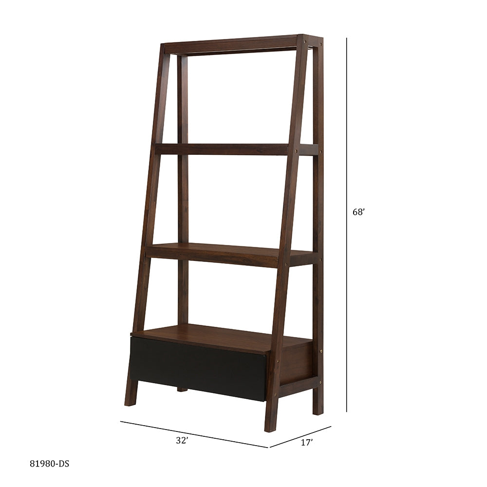 Dark brown wooden ladder shelf with three open shelves and a black drawer