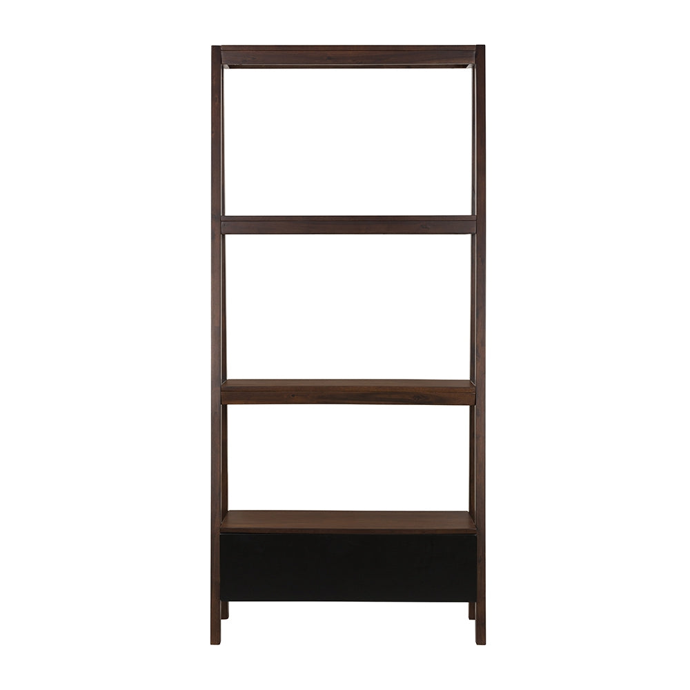Dark wood ladder bookshelf with three open shelves and a black drawer