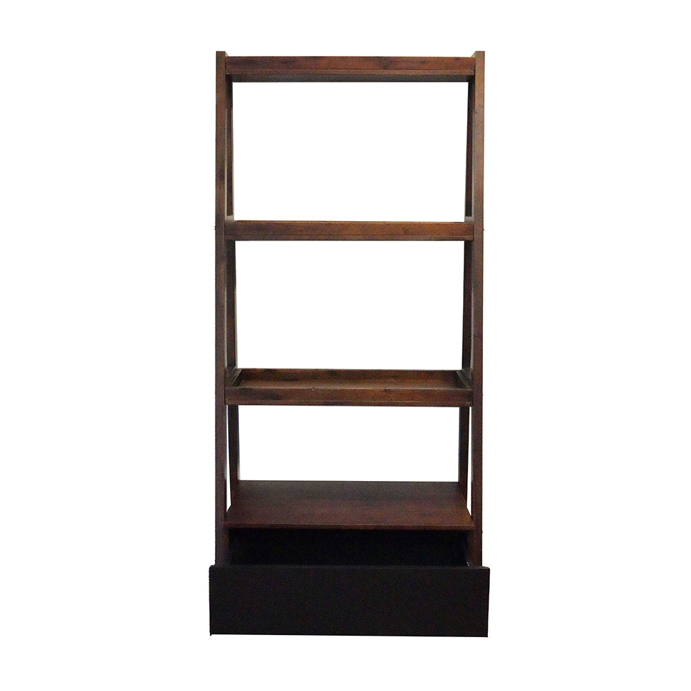 Dark wood tiered shelving unit with open shelves and a black drawer at the bottom