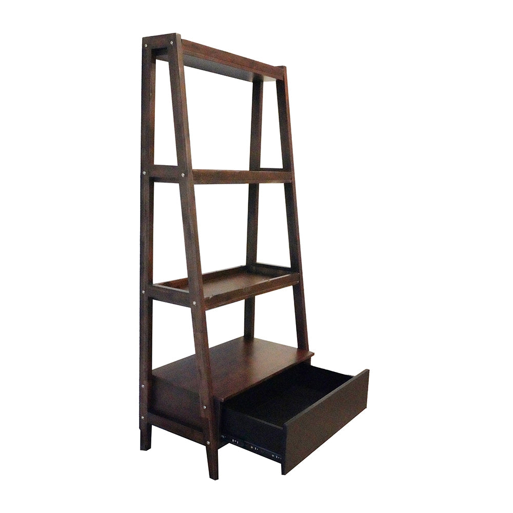 Dark wood ladder shelf with three open shelves and one drawer