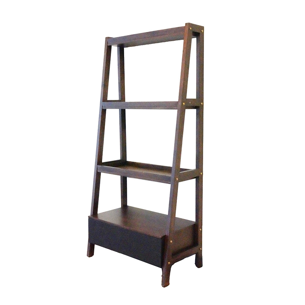 Dark wood ladder bookshelf with drawer