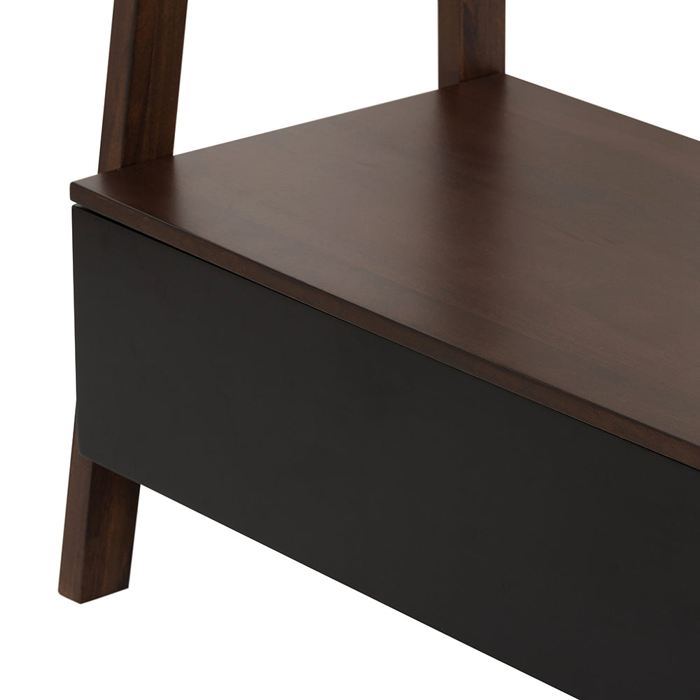 Wooden shelf with black drawer detail