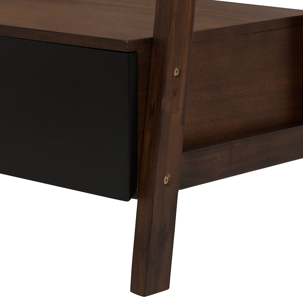 Dark walnut wood side table with a black drawer front