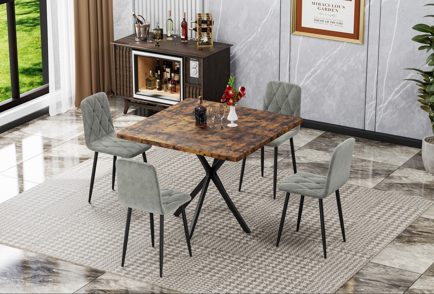 Rustic industrial dining table with four grey upholstered chairs