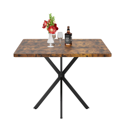Rustic wood dining table with black metal spider leg base