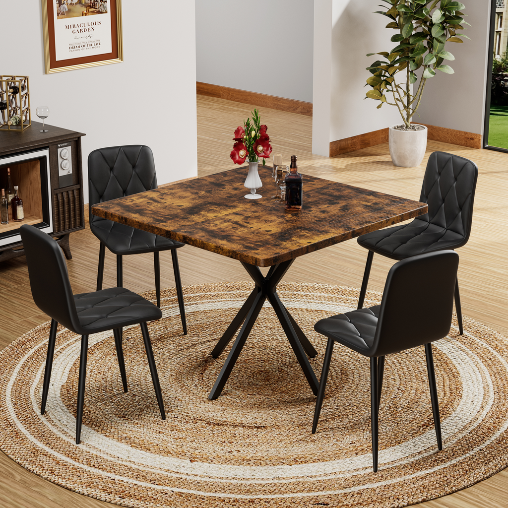 Rustic square dining table with  black quilted chairs