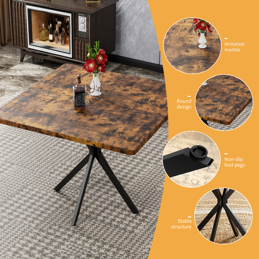 Rustic woodlook square dining table with black metal pedestal legs