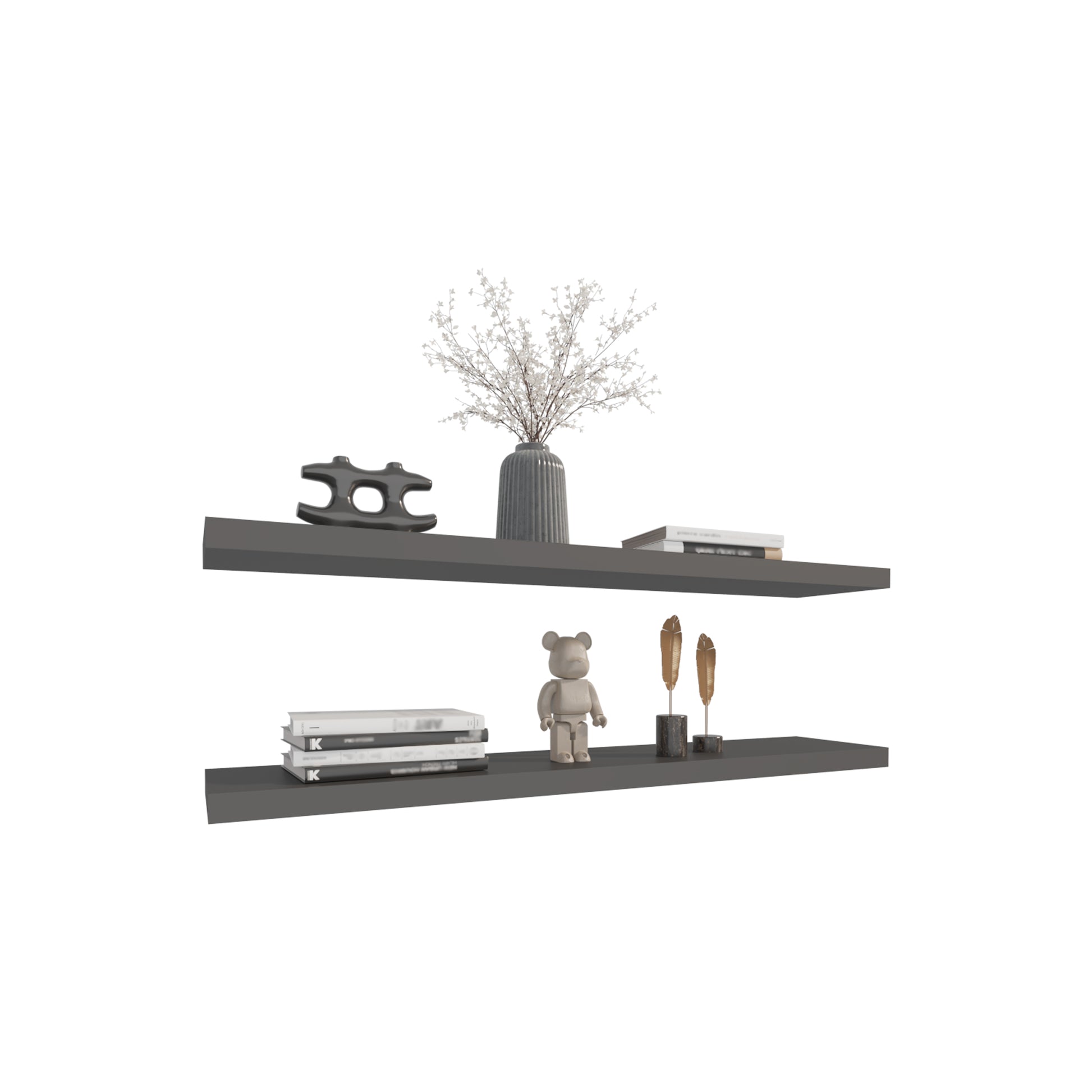 Gray floating shelf with ribbed vase and white floral arrangement