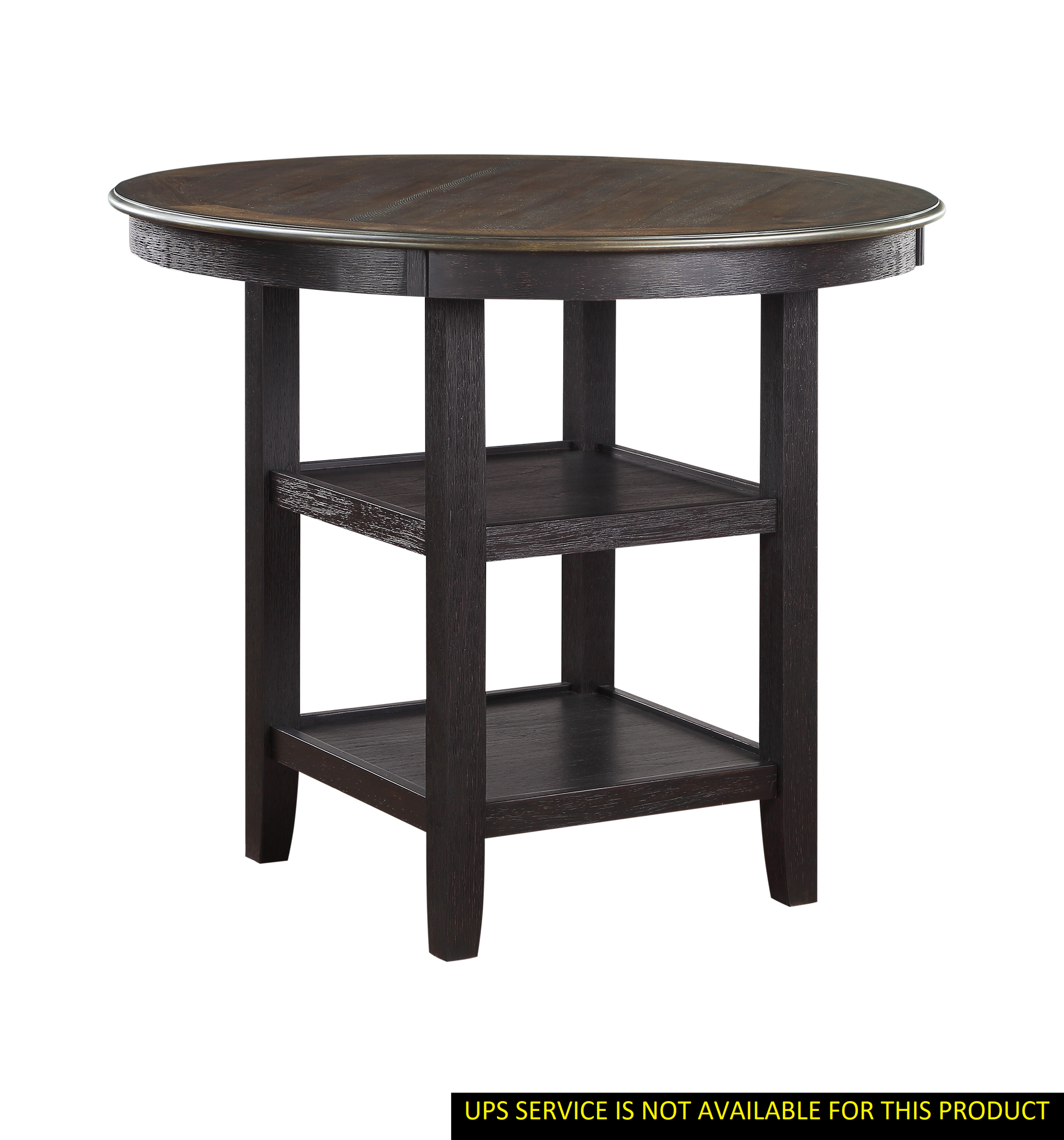 Dark brown round dining table with metal accent and two open shelves