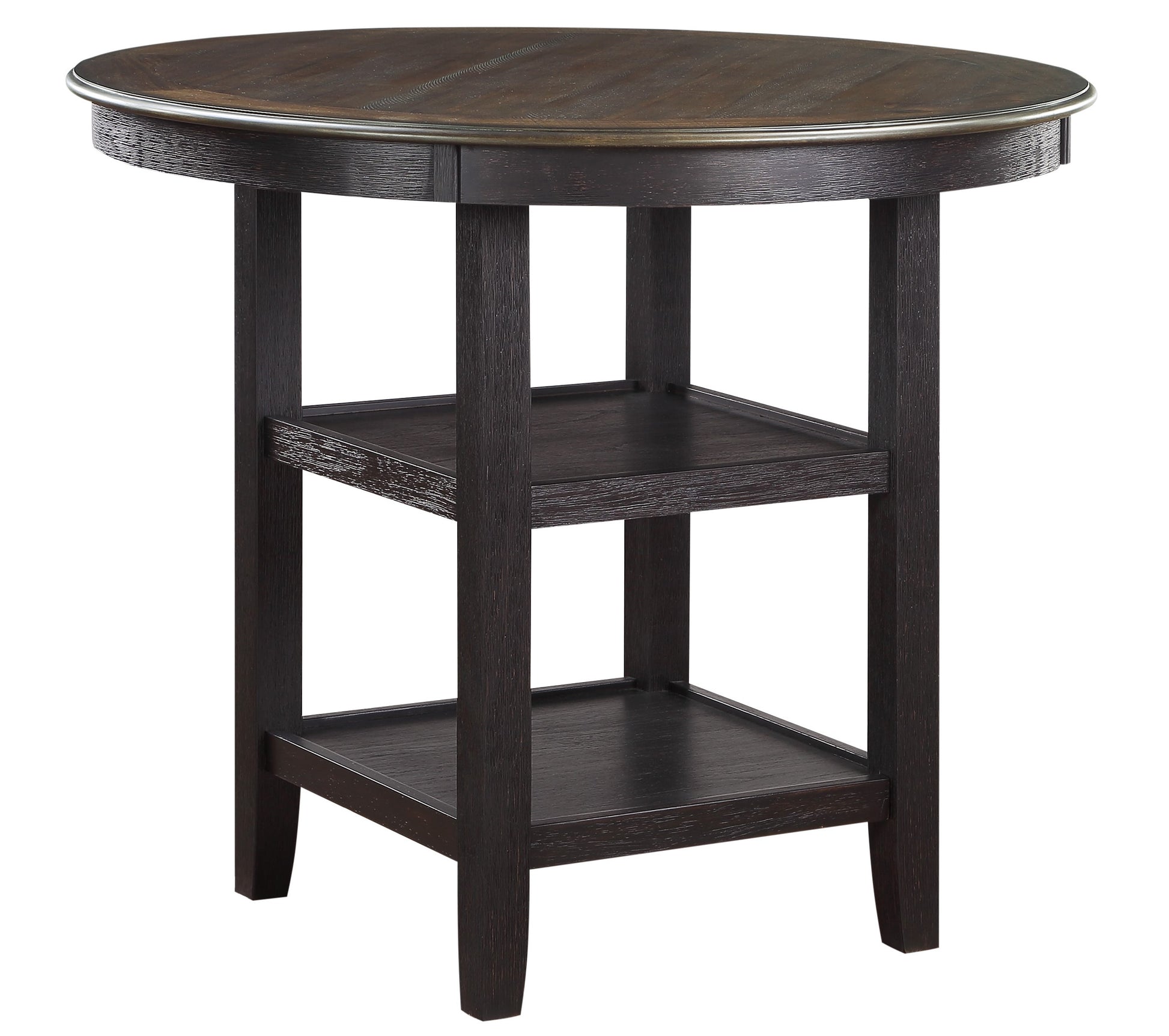 Dark brown round pub table with two shelves