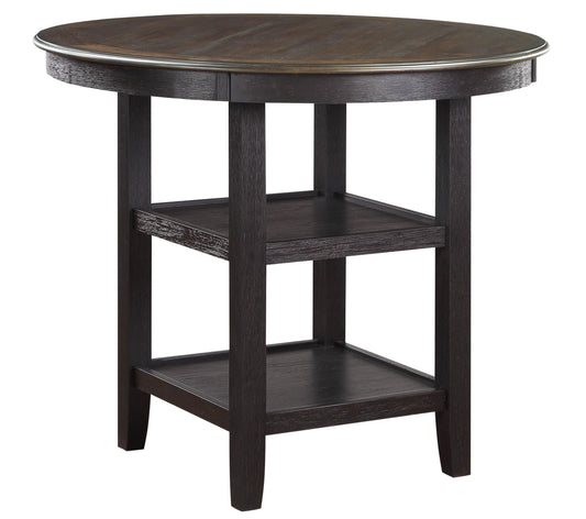 Dark brown round pub table with two shelves