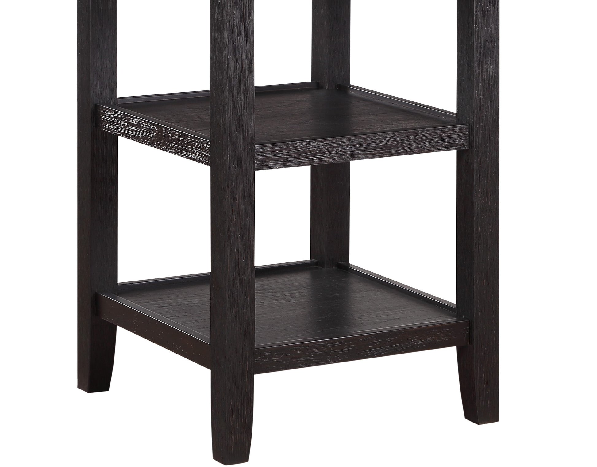 Dark espresso wood end table with two open shelves