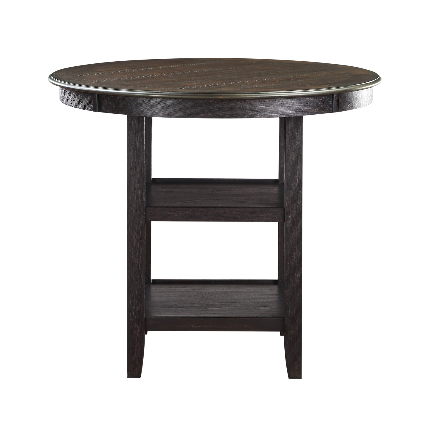 Dark wood round pub table with metal trim and two shelves