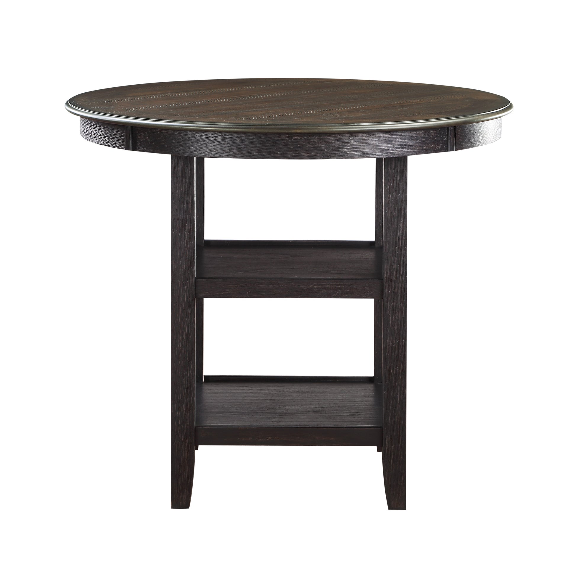 Dark wood round pub table with metal trim and two shelves