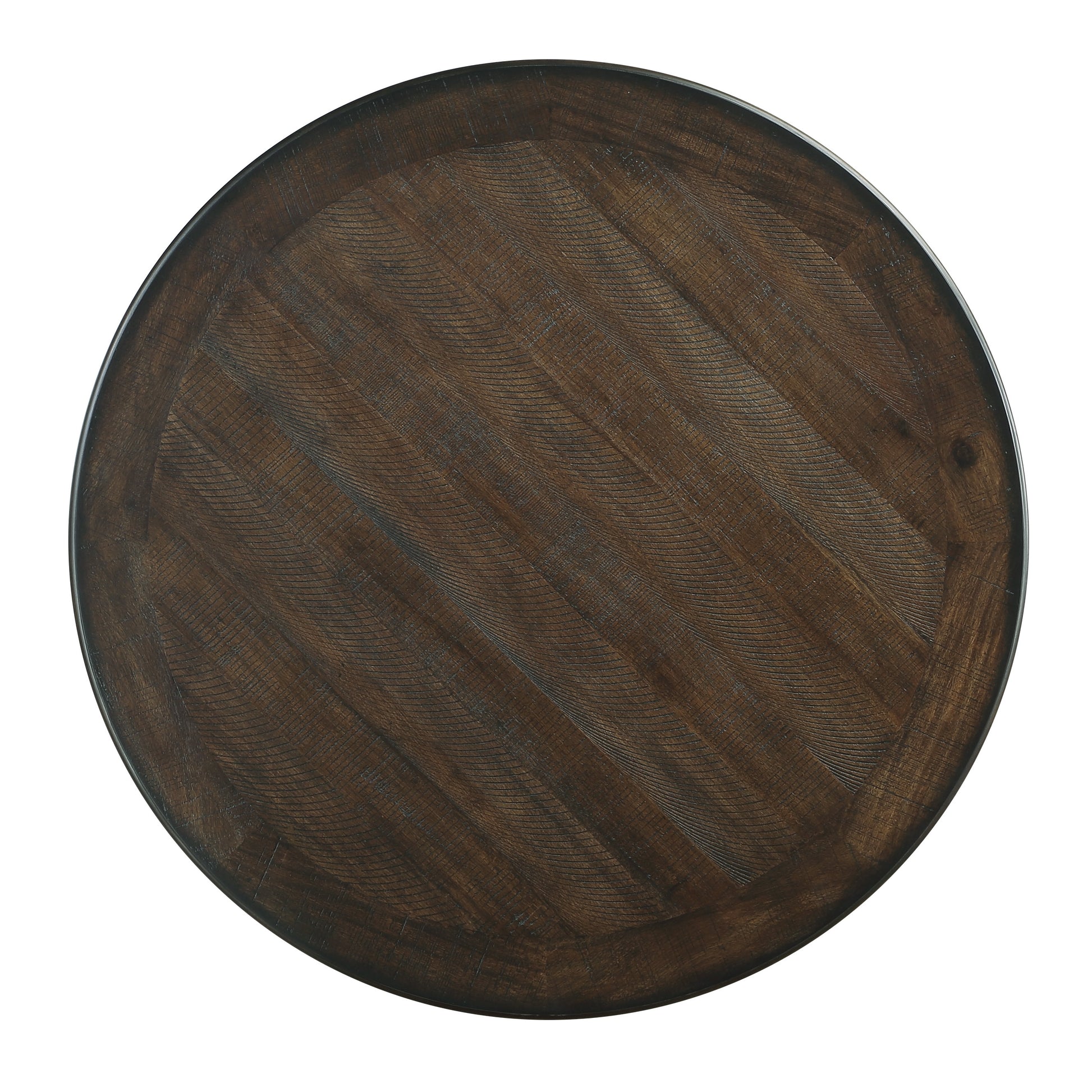 Dark wood round tabletop with chevron pattern