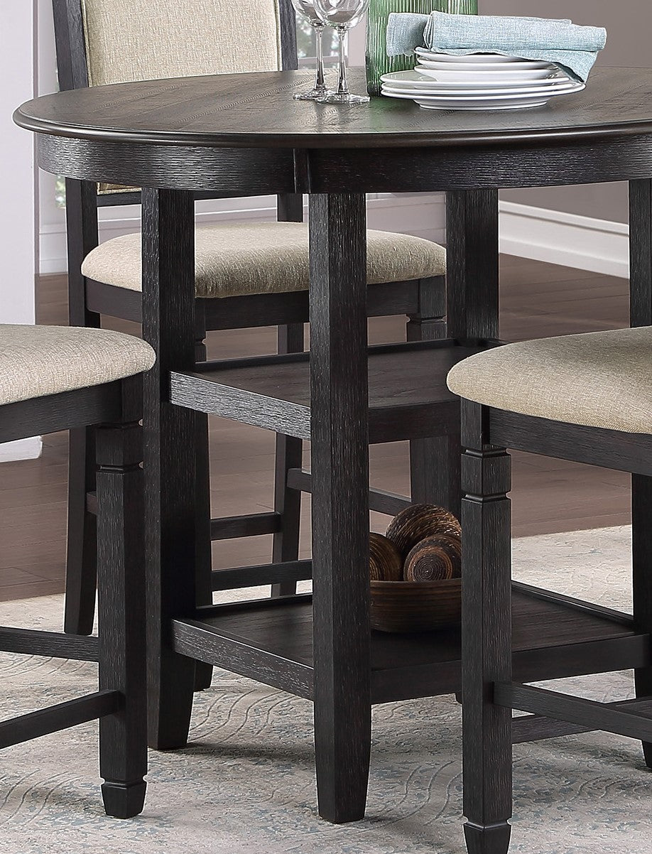 Dark wood bar stool with textured beige seat