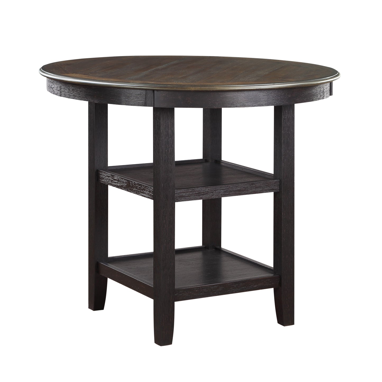Dark wood round dining table with two open shelves below