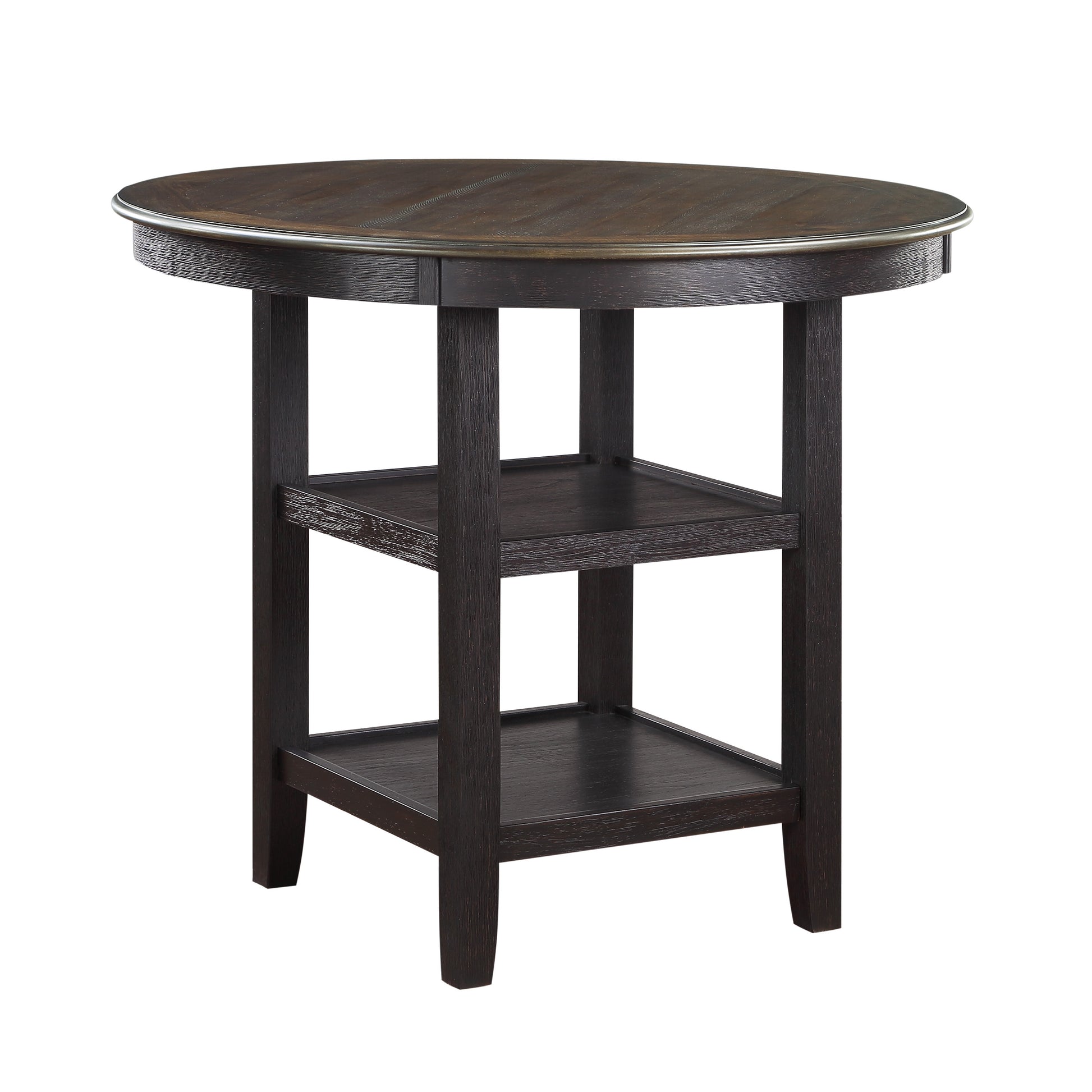 Dark wood round dining table with two open shelves below