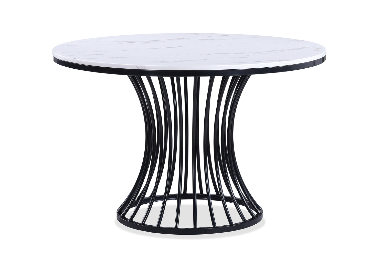 Round marble top dining table with black metal cage base
